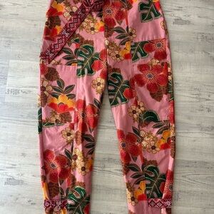 FARM RIO Anthropologie Pink and Green Floral Pants Large